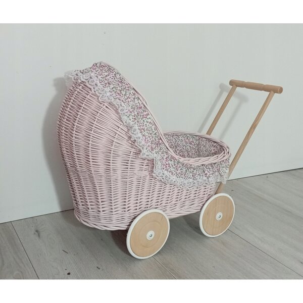 Passeggino in vimini rosa per bambole con biancheria da letto e ruote in legno 45 cm
