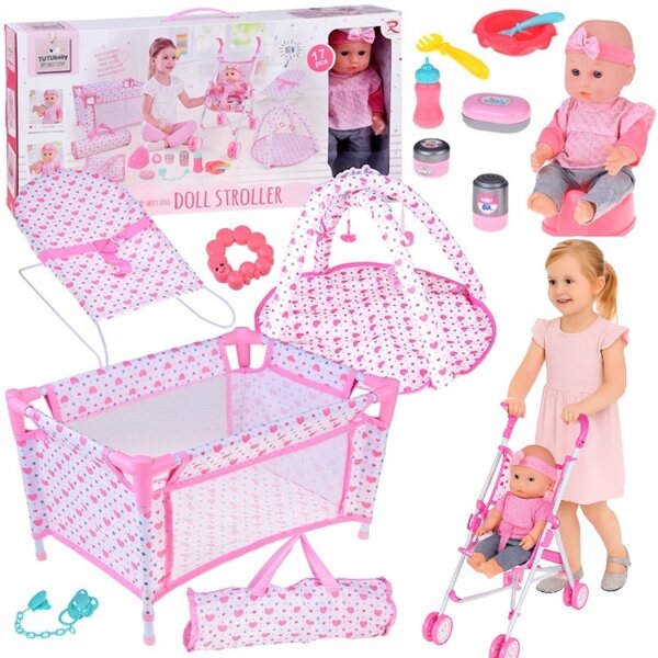 Komplettes 3-in-1-Set für Puppen mit Kinderwagen, Kinderbett und Schaukelstuhl + Gratis-Puppe