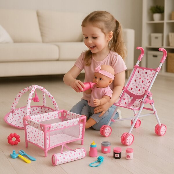 Komplettes 3-in-1-Set für Puppen mit Kinderwagen, Kinderbett und Schaukelstuhl + Gratis-Puppe