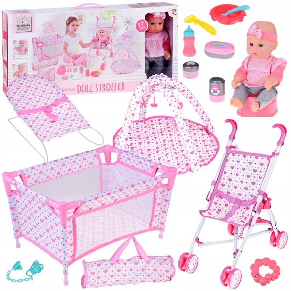 Komplettes 3-in-1-Set für Puppen mit Kinderwagen, Kinderbett und Schaukelstuhl + Gratis-Puppe
