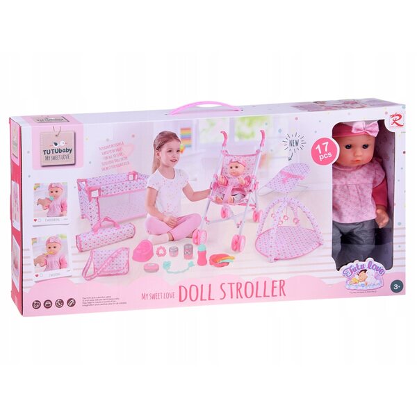 Komplettes 3-in-1-Set für Puppen mit Kinderwagen, Kinderbett und Schaukelstuhl + Gratis-Puppe