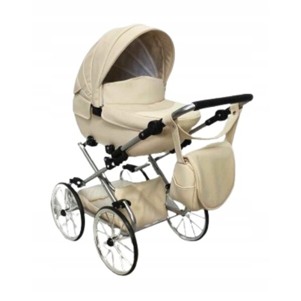 Darsi großer Retro-Puppenwagen, tief, rosa und silberfarben, mit Jackmar-Zubehör