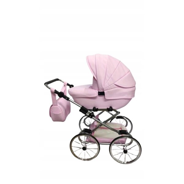 Darsi großer Retro-Puppenwagen, tief, rosa und silberfarben, mit Jackmar-Zubehör