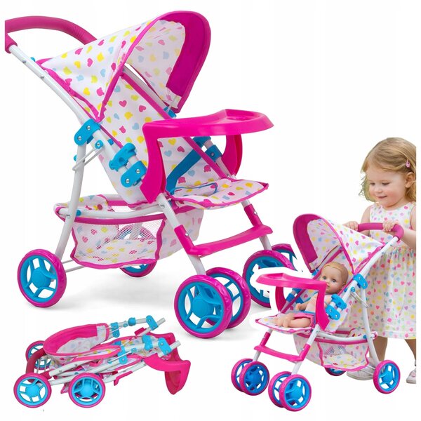 Ein rosafarbener Magical Candy Puppenwagen mit Metallrahmen