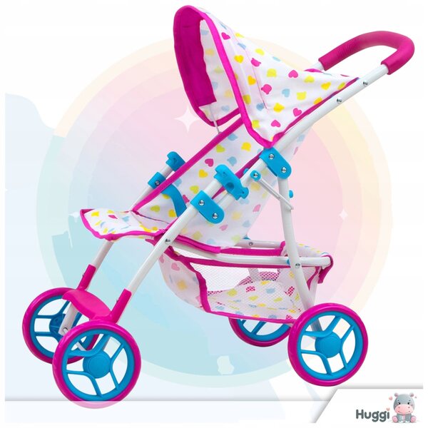 Ein rosafarbener Magical Candy Puppenwagen mit Metallrahmen