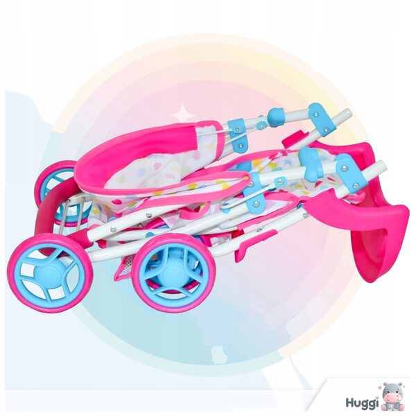 Ein rosafarbener Magical Candy Puppenwagen mit Metallrahmen
