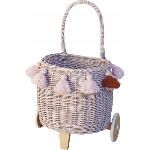 Kosz su ruote in vimini rosa antico per bambini, fatta a mano in legno e vimini