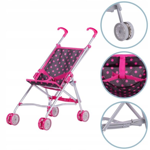 TO-MA Lily Zusammenklappbarer Puppenwagen in Schwarz und Rosa mit Punkten