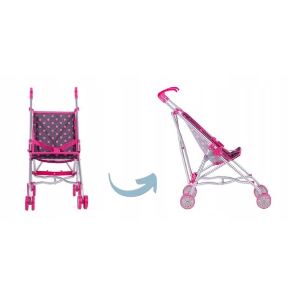 TO-MA Lily Zusammenklappbarer Puppenwagen in Schwarz und Rosa mit Punkten