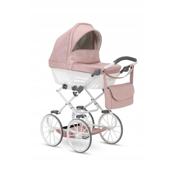 Elegante passeggino per bambole Rossie beige in eco-pelle con finitura metallica