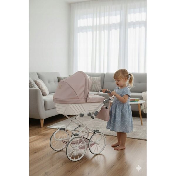 Elegante passeggino per bambole Rossie beige in eco-pelle con finitura metallica