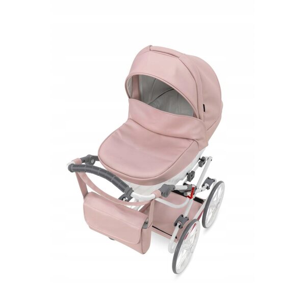 Elegante passeggino per bambole Rossie beige in eco-pelle con finitura metallica