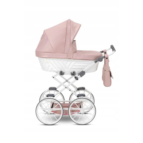 Elegante passeggino per bambole Rossie beige in eco-pelle con finitura metallica