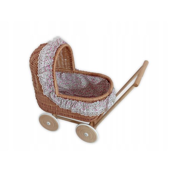 Puppenwagen aus Naturgeflecht mit kompletter Bettwäsche