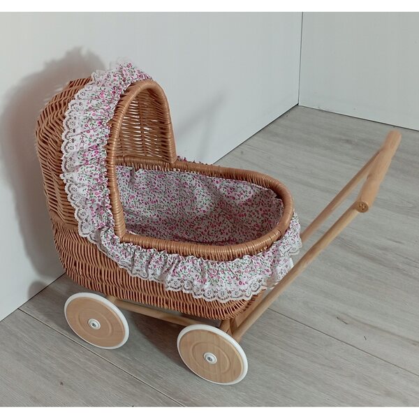 Puppenwagen aus Naturgeflecht mit kompletter Bettwäsche