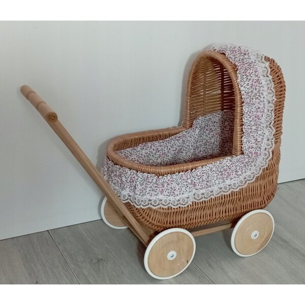 Puppenwagen aus Naturgeflecht mit kompletter Bettwäsche