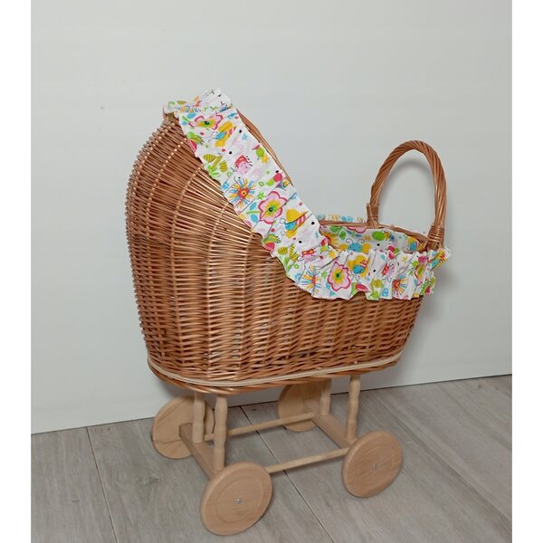 Puppenwagen aus Korbgeflecht, natürlicher Schieber, mit Bettwäsche, 100 % polnisches Produkt