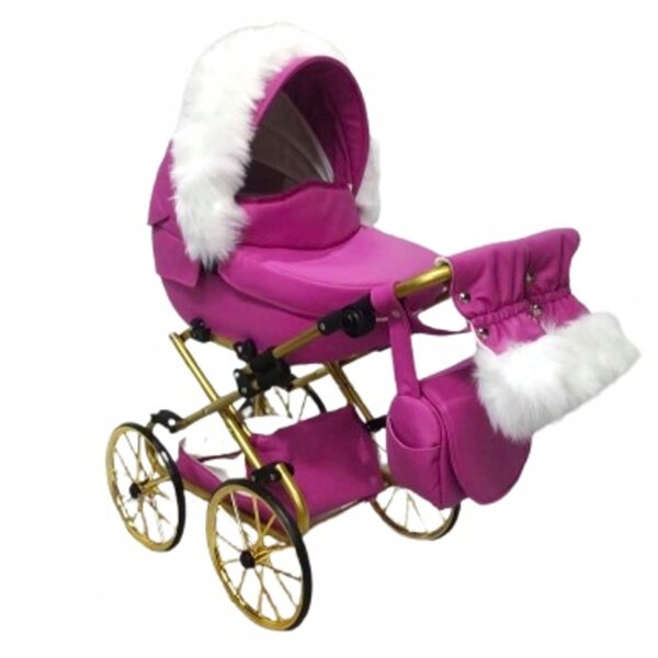 Großer Retro-Puppenkinderwagen mit rosafarbenem Öko-Leder und goldenen Jackmar-Details