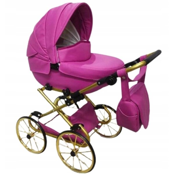 Großer Retro-Puppenkinderwagen mit rosafarbenem Öko-Leder und goldenen Jackmar-Details