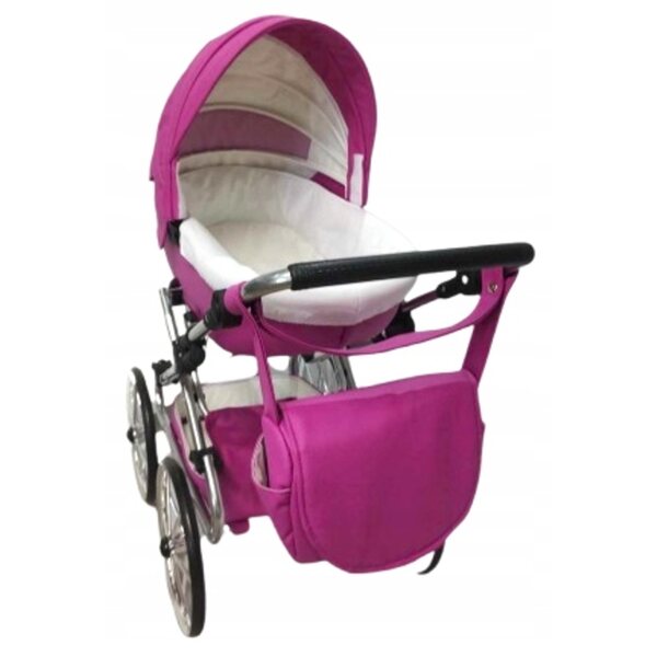 Großer Retro-Puppenkinderwagen mit rosafarbenem Öko-Leder und goldenen Jackmar-Details
