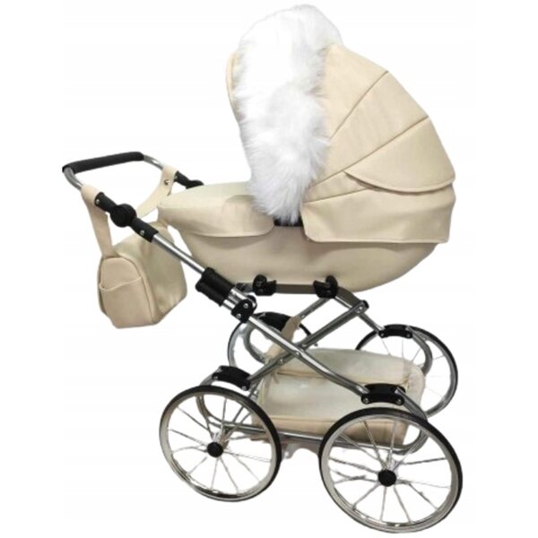 Großer Retro-Puppenkinderwagen mit rosafarbenem Öko-Leder und goldenen Jackmar-Details