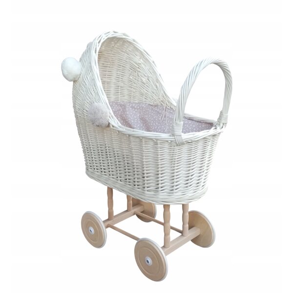 Korbwagen für Puppen, Ecru mit Leinen und Pompons, 45x30x60 cm