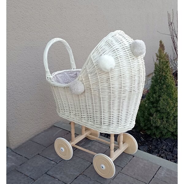 Korbwagen für Puppen, Ecru mit Leinen und Pompons, 45x30x60 cm