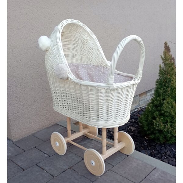Korbwagen für Puppen, Ecru mit Leinen und Pompons, 45x30x60 cm