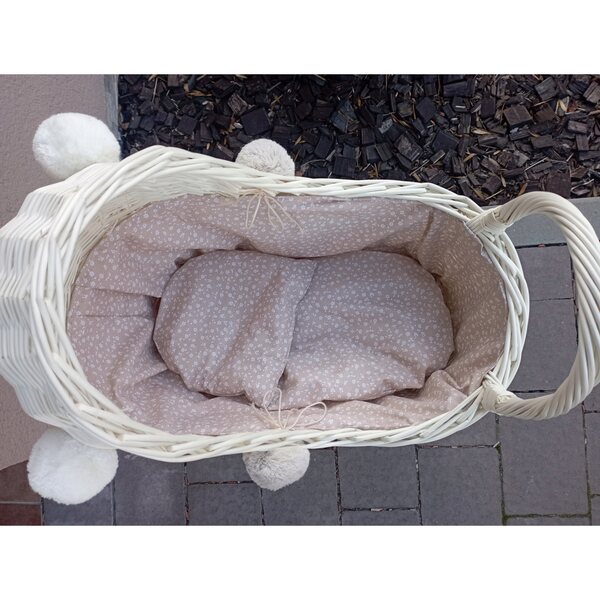 Korbwagen für Puppen, Ecru mit Leinen und Pompons, 45x30x60 cm