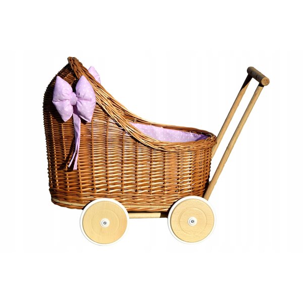 Puppenwagen aus Korbgeflecht mit Baumwollleinen und Holzrahmen