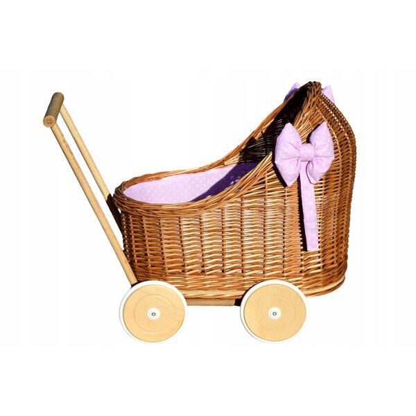 Puppenwagen aus Korbgeflecht mit Baumwollleinen und Holzrahmen