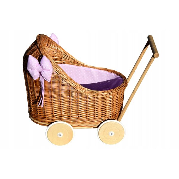 Puppenwagen aus Korbgeflecht mit Baumwollleinen und Holzrahmen