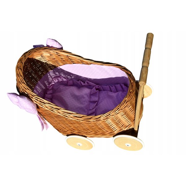Puppenwagen aus Korbgeflecht mit Baumwollleinen und Holzrahmen
