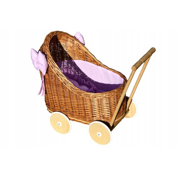 Puppenwagen aus Korbgeflecht mit Baumwollleinen und Holzrahmen