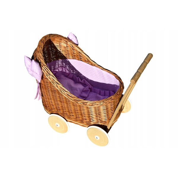 Puppenwagen aus Korbgeflecht mit Baumwollleinen und Holzrahmen