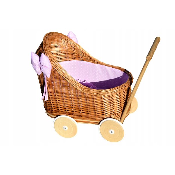Puppenwagen aus Korbgeflecht mit Baumwollleinen und Holzrahmen