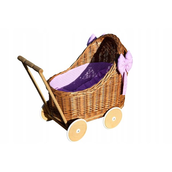 Puppenwagen aus Korbgeflecht mit Baumwollleinen und Holzrahmen