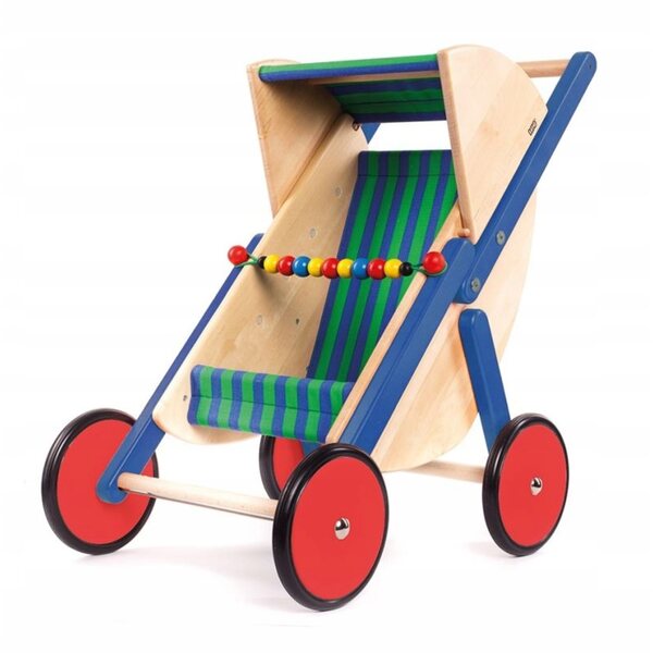Grüner Puppenwagen aus Holz mit leisen Rädern und verstellbarem Griff