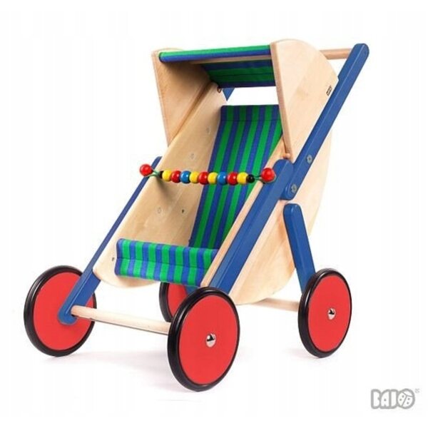 Grüner Puppenwagen aus Holz mit leisen Rädern und verstellbarem Griff