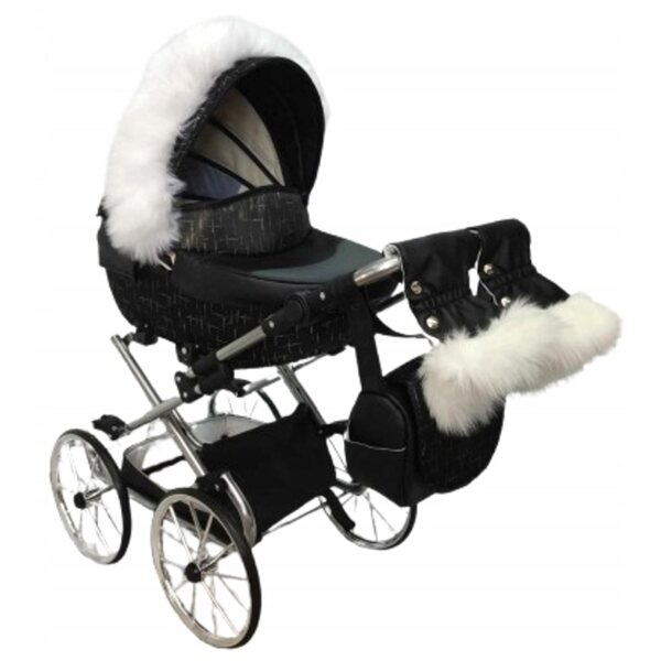 Großer beigefarbener Retro-Puppenwagen von Darsi mit silbernem Rahmen und Zubehör