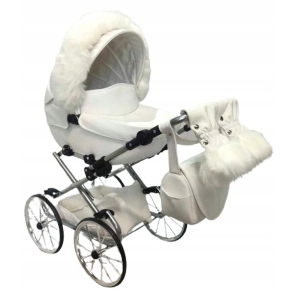 Großer beigefarbener Retro-Puppenwagen von Darsi mit silbernem Rahmen und Zubehör