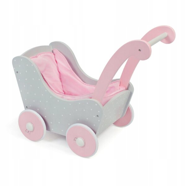 BAYER CHIC Kinderwagen aus Holz für Puntos-Puppen, grau, mit Gummirädern