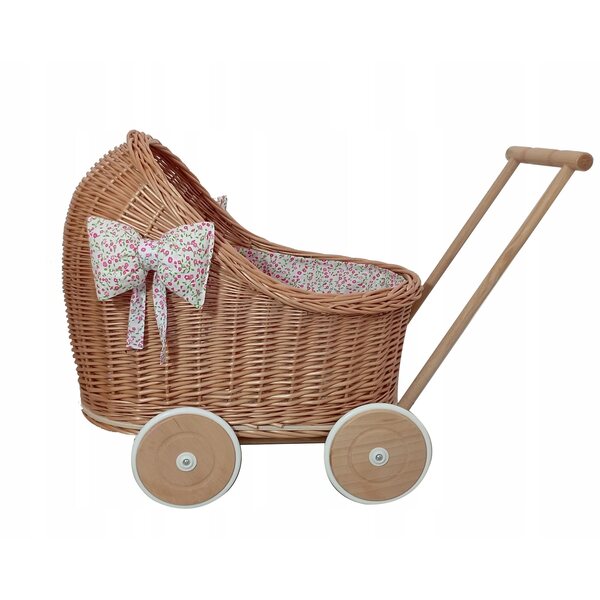 Puppenwagen aus Korbgeflecht mit Bettwäsche und Schleifen – polnische Handwerkskunst