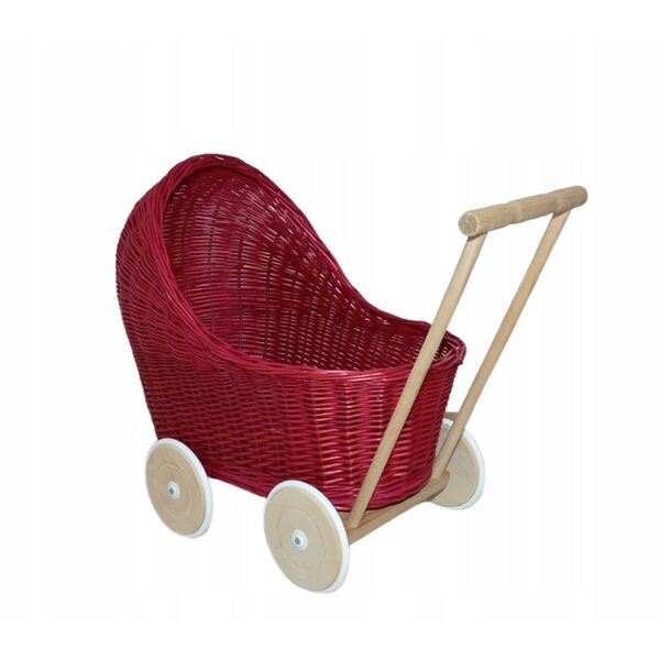 Passeggino per bambole in vimini rosa con ruote in legno, 45 cm - Prodotto polacco