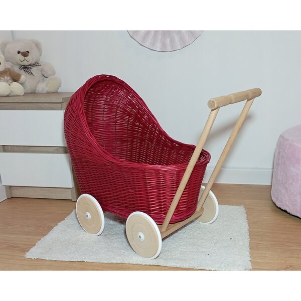 Passeggino per bambole in vimini rosa con ruote in legno, 45 cm - Prodotto polacco