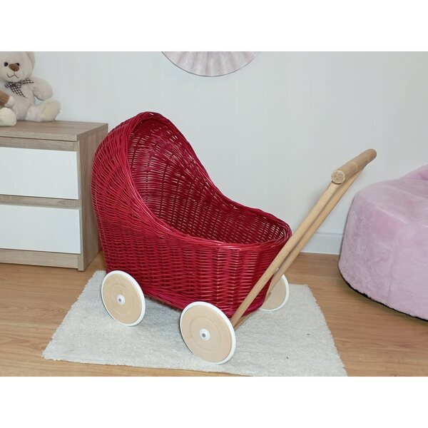 Passeggino per bambole in vimini rosa con ruote in legno, 45 cm - Prodotto polacco