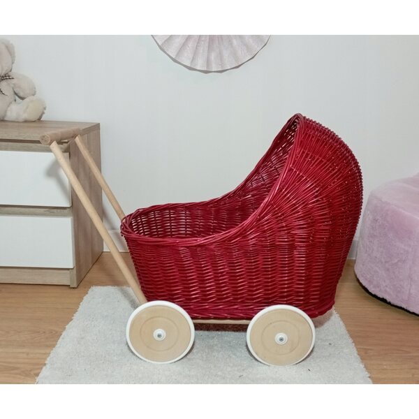 Passeggino per bambole in vimini rosa con ruote in legno, 45 cm - Prodotto polacco