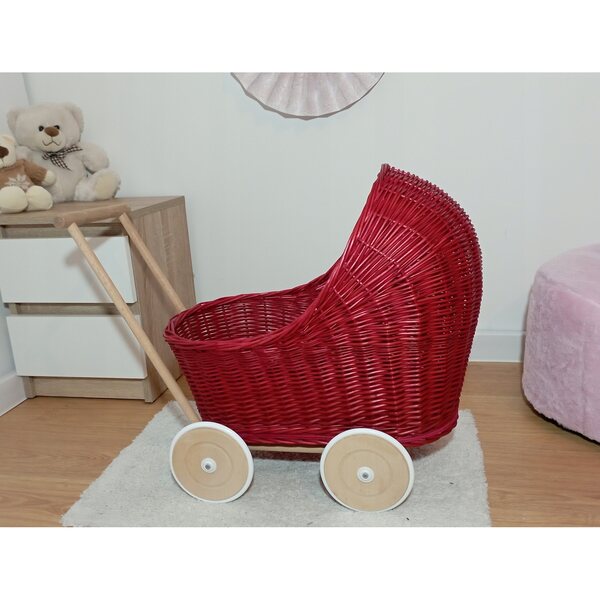 Passeggino per bambole in vimini rosa con ruote in legno, 45 cm - Prodotto polacco