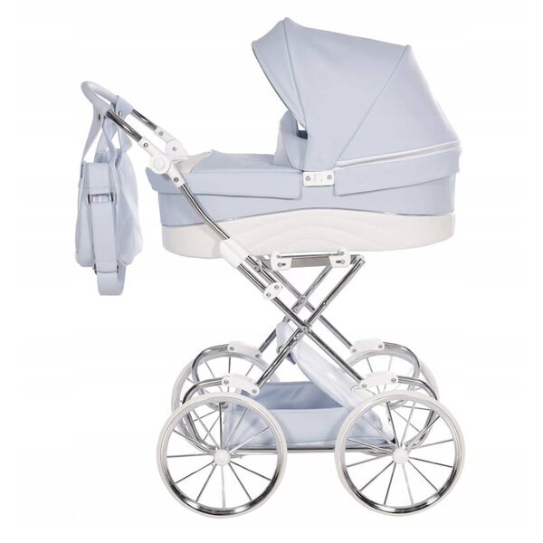 Blauer Mini-Kinderwagen für Junama Lulla-Puppen mit großen Rädern und verstellbarem Griff