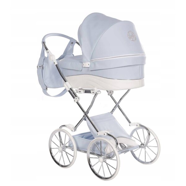 Blauer Mini-Kinderwagen für Junama Lulla-Puppen mit großen Rädern und verstellbarem Griff